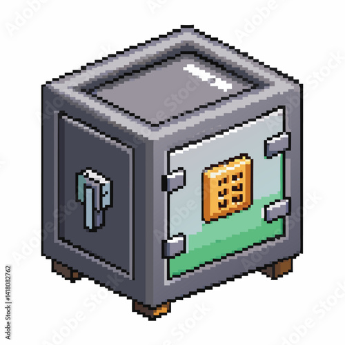 Isometric Pixel Art Safe Box with Numeric Keypad for Digital Security Illustrations