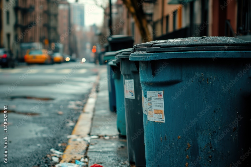 City street lined with trash bins on a rainy day in an urban neighborhood City street lined with trash bins on a rainy day in an urban neighborhood