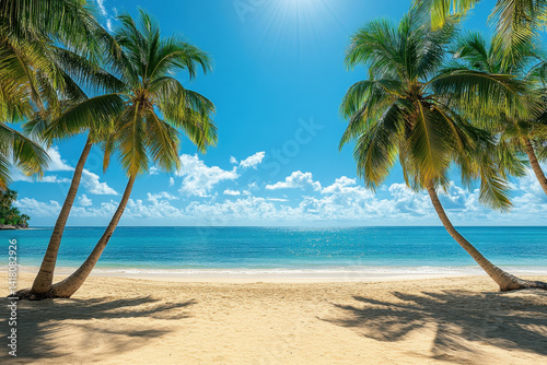 Palm trees sway on a sandy beach under a clear blue sky, framing a serene ocean view with gentle waves coming ashore.