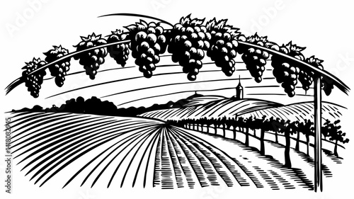 Vintage Vineyard Landscape with Grapevines and Hills in Black and White