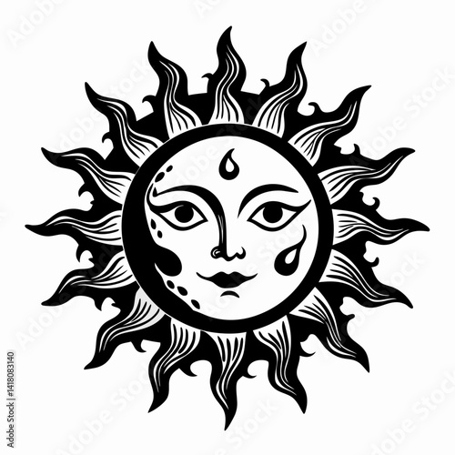 Ornate Sun and Moon Face  Illustration for Celestial Designs