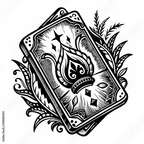 Ornate Tarot Cards with Floral Elements in Intricate Black and White  Illustration