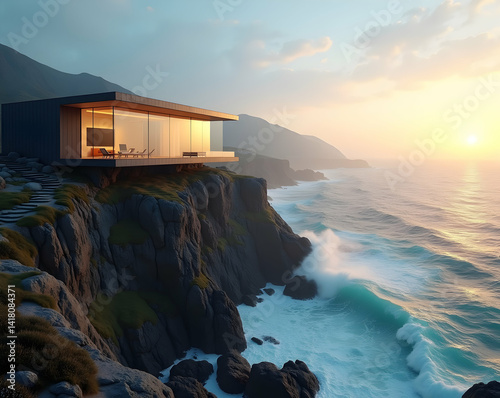 Sleek ultramodern architectural marvel perched atop a rugged coastal cliff, overlooking the vast expanse of the ocean during a vibrant sunset, showcasing innovative design
