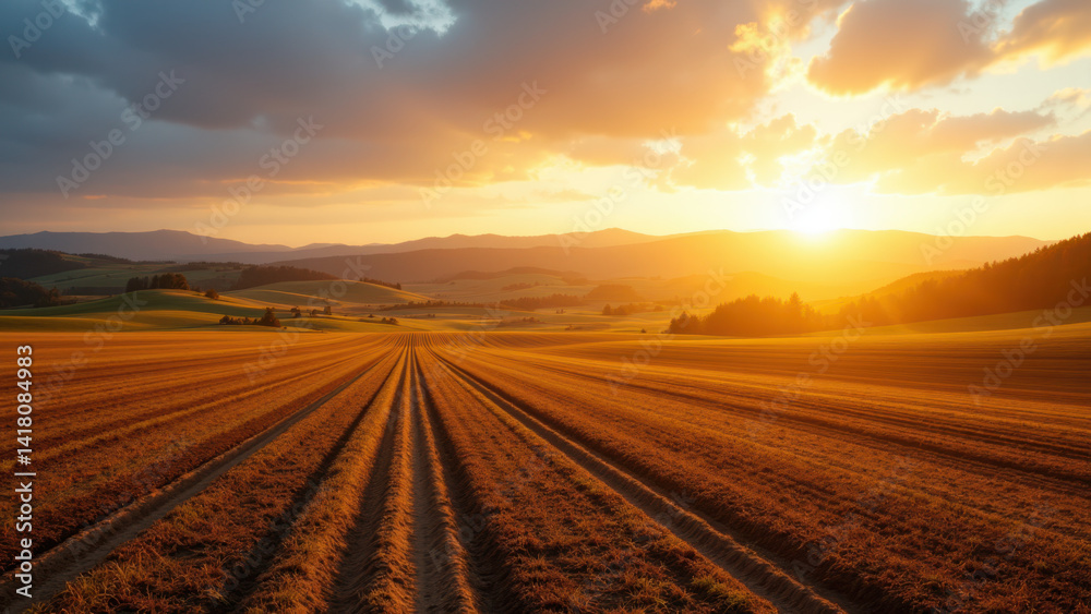 Naklejka premium Beautiful sunrise over a large field with rows of freshly cultivated soil under clear skies.