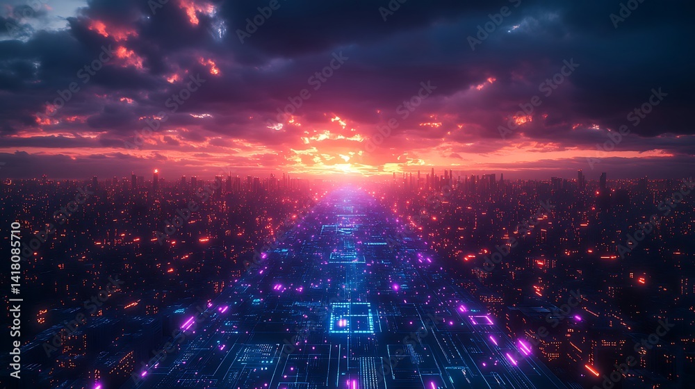 Obraz premium A futuristic cityscape stretches beneath a vibrant sunset.