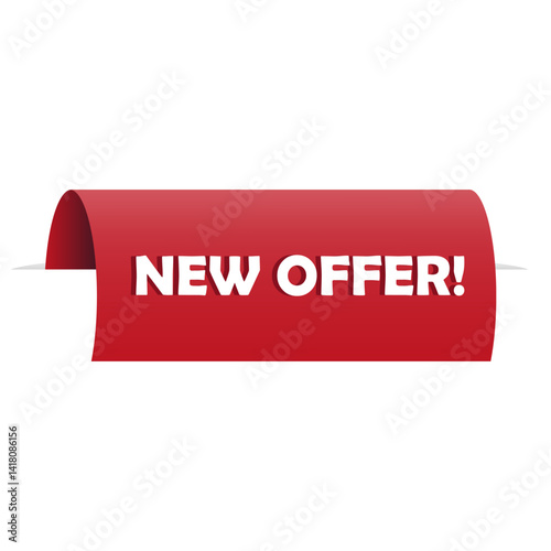 New offer label. Bold promo ribbon. Curved red banner. Vector announcement tab.