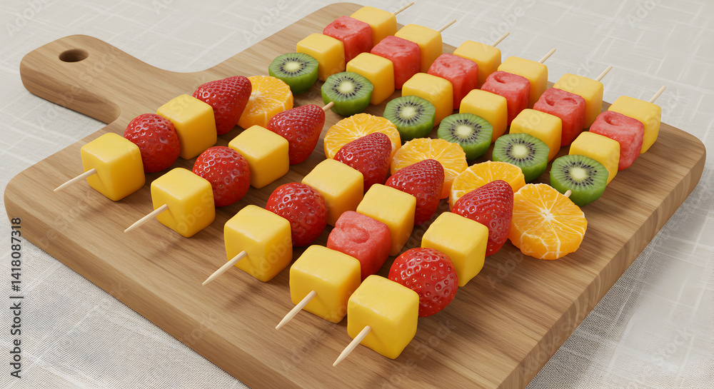 Assorted Fresh Fruit Skewers On A Rustic Wooden Serving Board
