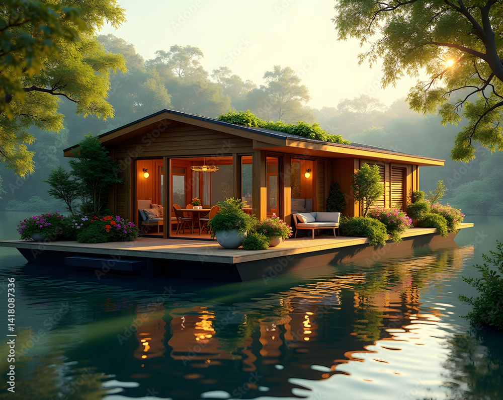 Obraz premium Tranquil Retreat, A Modern Floating House Amidst Lush Greenery Reflecting on Calm Waters, bathed in the warm sunlight of nature's embrace for a serene escape