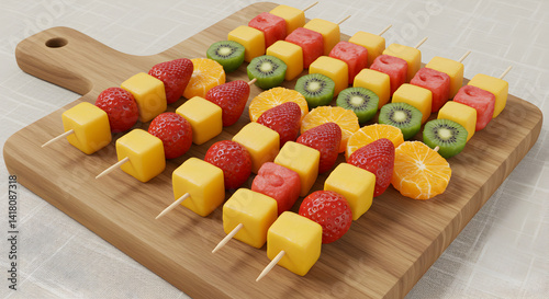 Obraz na płótnie Assorted Fresh Fruit Skewers On A Rustic Wooden Serving Board w salonie