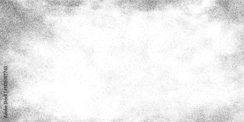 Grainy stipple gradient with scattered particles and textured fade. Black and white halftone noise border, soft vignette background. Vector illustration