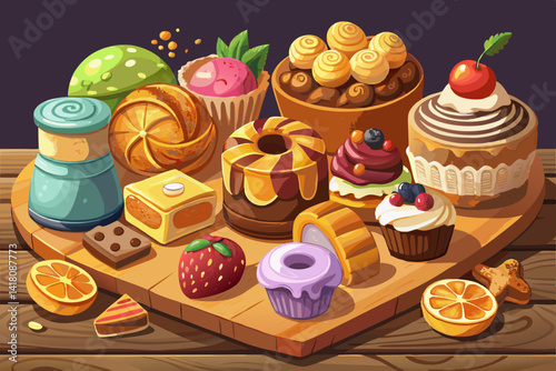 A delicious collection of freshly baked sweets on a vector of rustic wooden board that showcases different flavors and textures in a pleasant and ideal environment for dessert lovers.