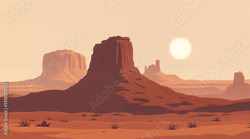 A desert landscape with a large mountain in the background