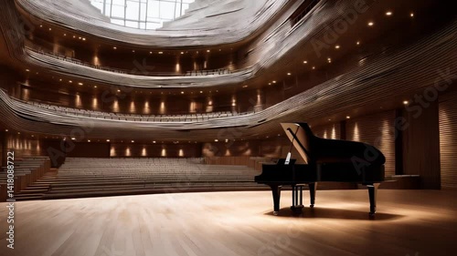 Grand piano on stage in a stunning concert hall with elegant lighting and wooden design