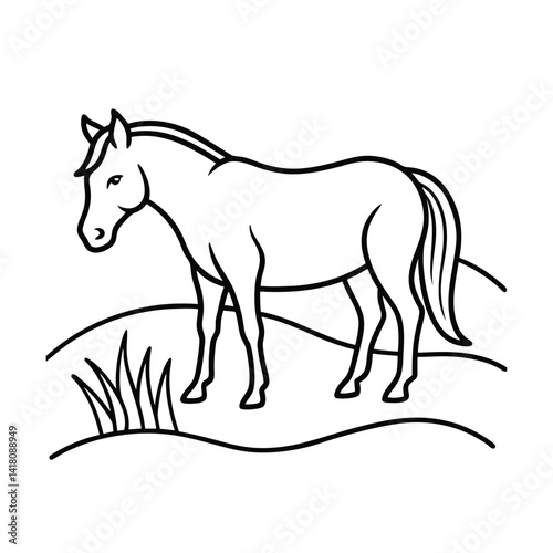 Simple horse outline illustration standing on a hillside black and white vector image