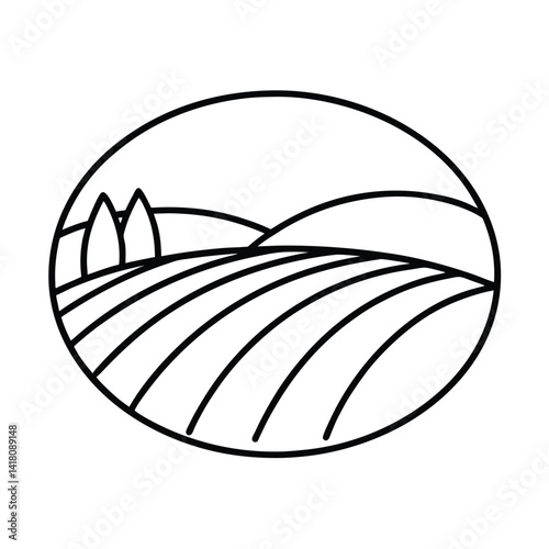 Vineyard landscape outline icon with hills and trees in a minimalist style
