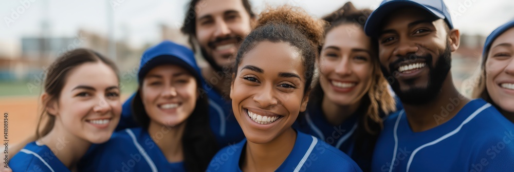 A diverse group of friends, smiling and sporting matching blue team jerseys, captures the joy and camaraderie experienced during a fun day at the baseball field. A diverse group of friends, smiling and sporting matching blue team jerseys, captures the joy and camaraderie experienced during a fun day at the baseball field.