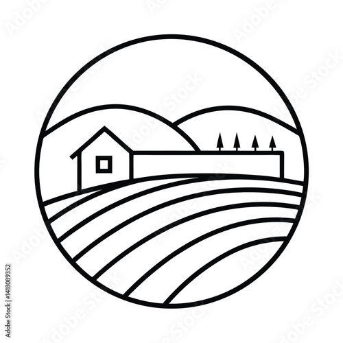 Minimalist farm landscape with fields,hills,house,and trees in a circular frame