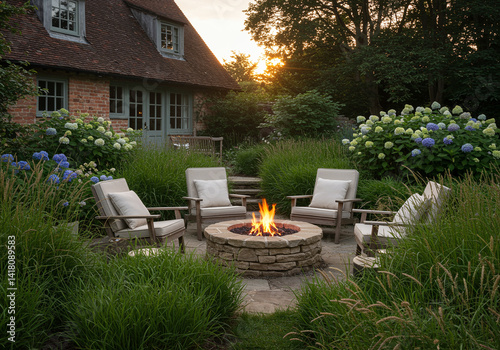 Stone firepit with burning fire surrounded by wooden chairs in backyard garden with green grass and hydrangeas at dusk is perfect for outdoor relaxation and gathering