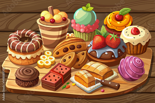 A delicious collection of freshly baked sweets on a vector of rustic wooden board that showcases different flavors and textures in a pleasant and ideal environment for dessert lovers.