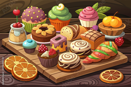 A delicious collection of freshly baked sweets on a vector of rustic wooden board that showcases different flavors and textures in a pleasant and ideal environment for dessert lovers.