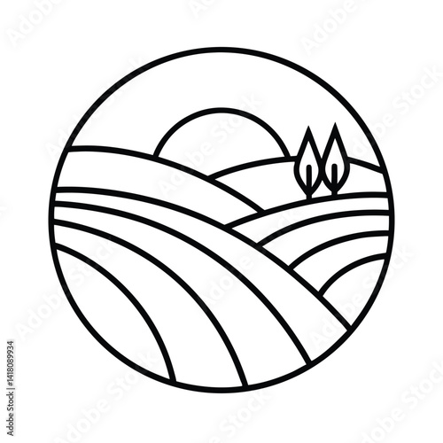 Minimalist field illustration with two trees and rising sun black and white outline