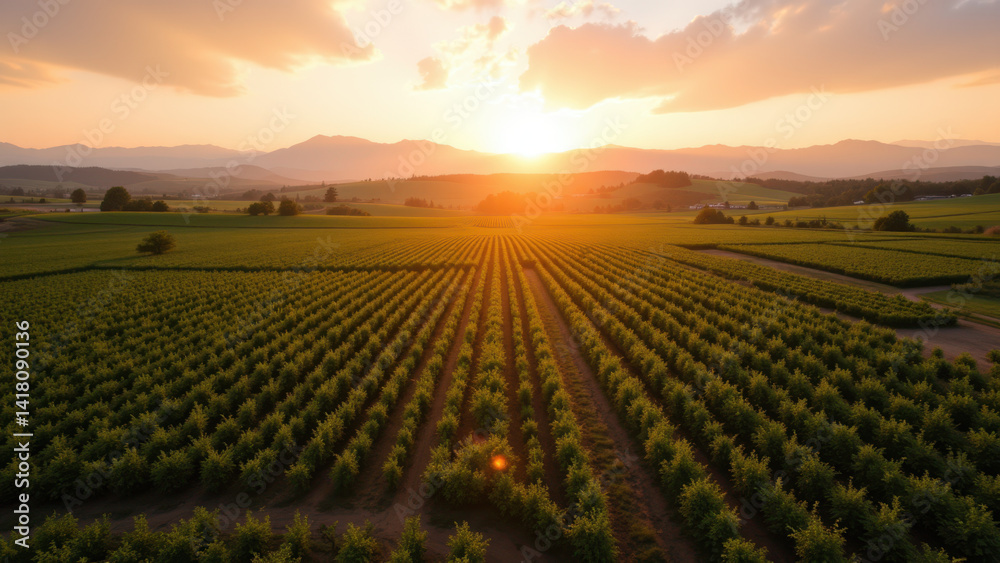 Obraz premium A serene sunlit vineyard at sunrise.