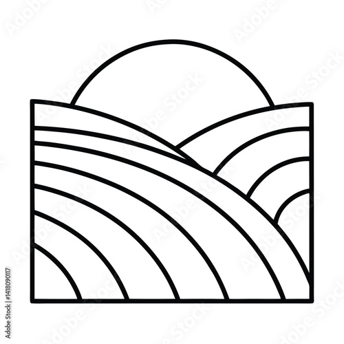 Linear landscape with sun rising over rolling hills in agriculture concept graphic