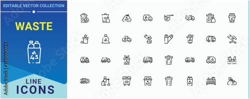 Waste icon set. Includes symbols for recycling, bin, pollution, junk, trash and more. Garbage line icon set. Minimalist linear icons. Editable stroke vector art.