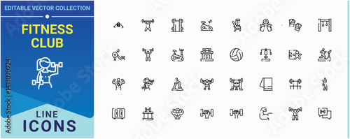 Fitness Club linear icon collection. Contains such icons as athletic, fitness, sport, equipment, exercise, healthy and more. Gym related icon set. Outline icons in linear style. Editable vector art.
