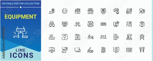Equipment icon set. Contains outline symbols like computer, component, gadget, laptop and more. Hardware icon set. Minimalist linear icons. Pixel perfect. Editable vector.