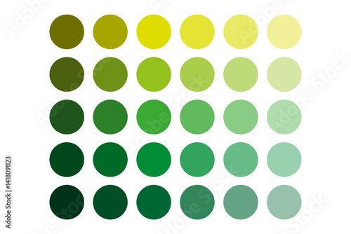 Green circle palette. Leaf tone gradients. Round color swatches. Nature inspired pattern.