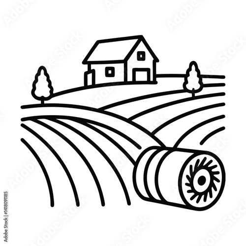Minimalist line art farm landscape with hay bale and house on hilltop