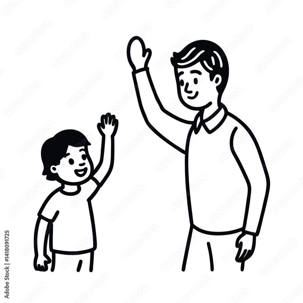 Father and son waving hand drawn style vector illustration simple black and white design Father and son waving hand drawn style vector illustration simple black and white design