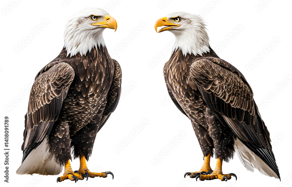 Fototapeta premium Two realistic photographs of an eagle, in white and grey colors with a transparent background png