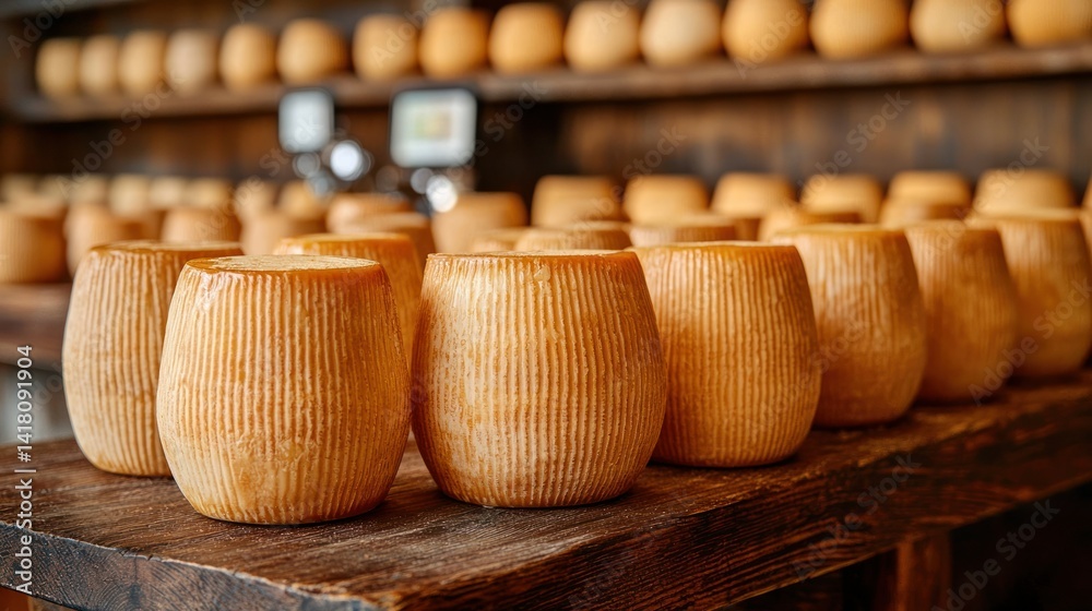 Rows of aged cheese wheels on wooden shelves Rows of aged cheese wheels on wooden shelves