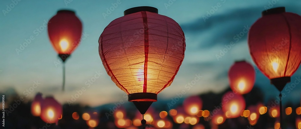 Obraz premium Floating Lanterns Illumination Against a Twilight Sky at an Outdoor Celebration