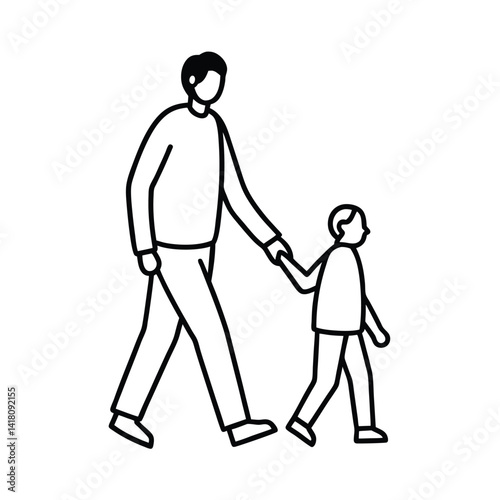Minimalist illustration of father walking with son holding hands in line art style