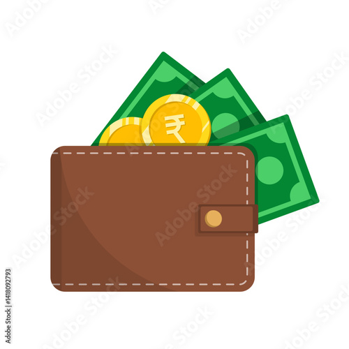 Wallet with rupee currency banknote and coins vector illustration isolated on white background. Wallet with cash money.
