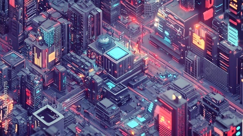 A surreal isometric city built entirely from graphic elements, pixel-perfect design, cyber-metropolis aesthetic