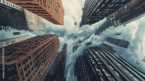A surreal image of a city warped by perspective tools, gravity-defying architecture, dreamlike landscape 