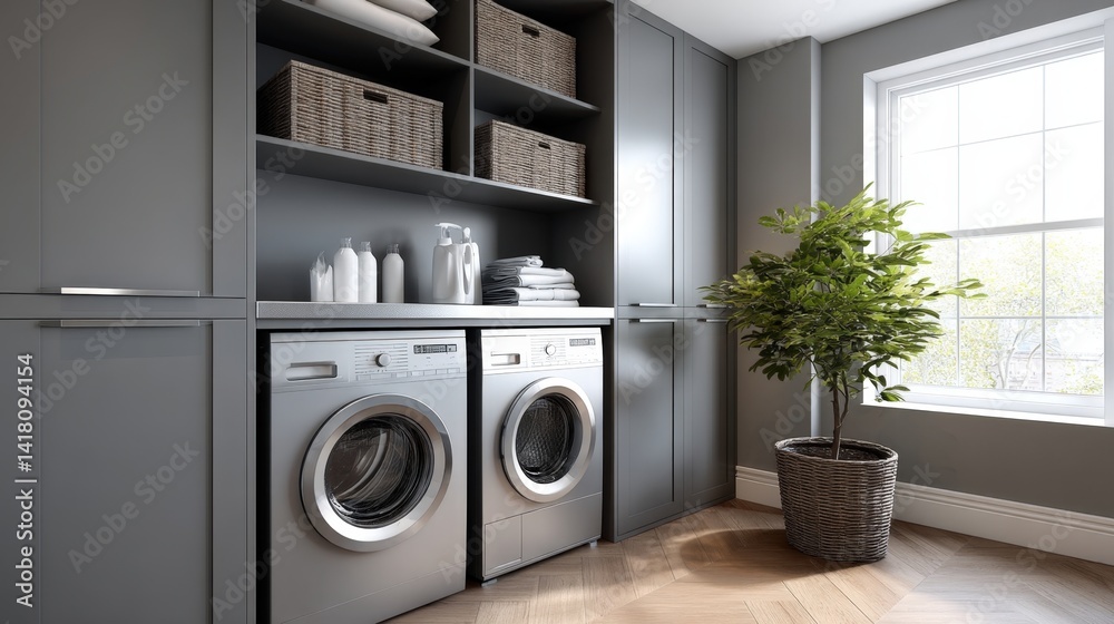 Functional design and space efficiency, modern simplicity, A modern laundry room featuring sleek appliances, stylish storage, and natural light, enhanced by a decorative plant for a fresh touch. Functional design and space efficiency, modern simplicity, A modern laundry room featuring sleek appliances, stylish storage, and natural light, enhanced by a decorative plant for a fresh touch.