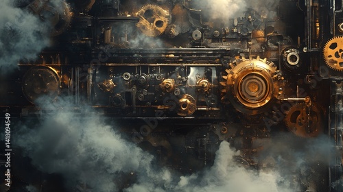 A steampunk machine converting scalable images into fixed resolution, gears, smoke, intricate metallic detail