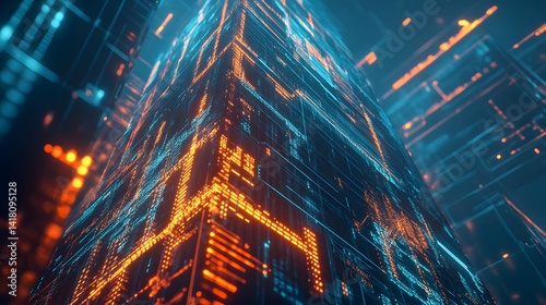 A massive data visualization tower, each floor representing a different infographic type, glowing futuristic design 