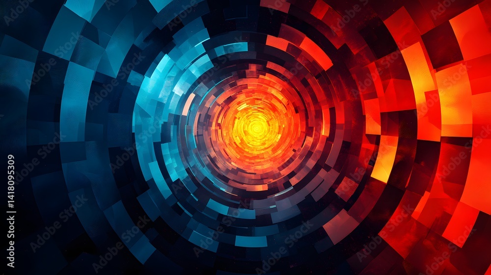 Fototapeta premium A hypnotic gradient transitioning from deep space blues to fiery reds, abstract geometric patterns emerging from the colors 