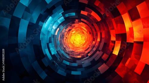 A hypnotic gradient transitioning from deep space blues to fiery reds, abstract geometric patterns emerging from the colors 
