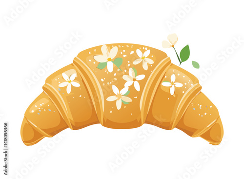croissant bread with butter jasmine flower - vector illustration