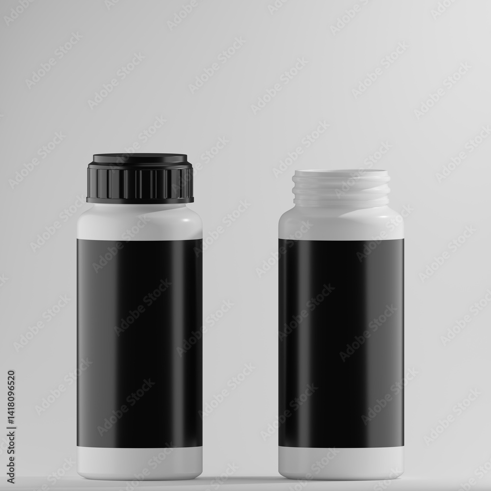 Two white plastic bottles, one capped and one open, feature black labels on a clean white backdrop. This mockup provides a versatile template for showcasing your product branding and design. Two white plastic bottles, one capped and one open, feature black labels on a clean white backdrop. This mockup provides a versatile template for showcasing your product branding and design.