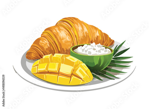 Croissant with Mango and Coconut Cream - Vector Illustration