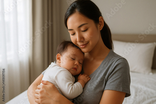 Young mother holding newborn baby during home visit. Pediatric care, family health and maternal wellness concept