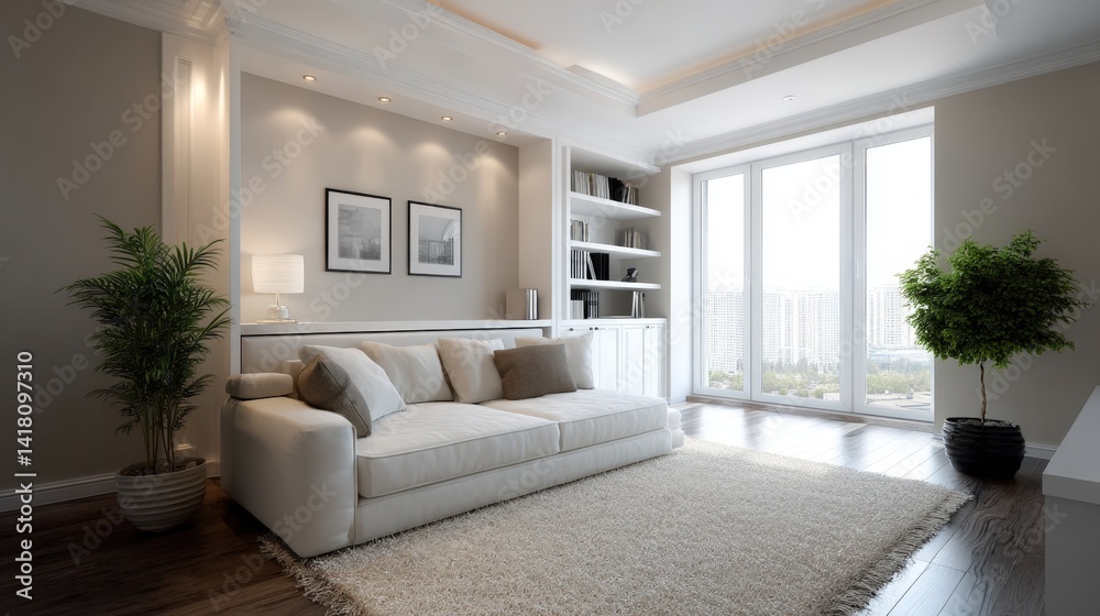 Fototapeta premium Functional design and space efficiency, modern simplicity, A modern living room featuring a white sofa, decorative plants, and large windows allowing natural light.